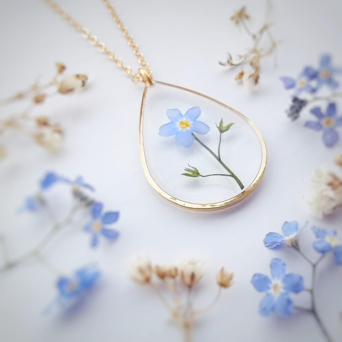 Forget Me Not Real Dried Flower Necklace Set / Earring – myBageecha