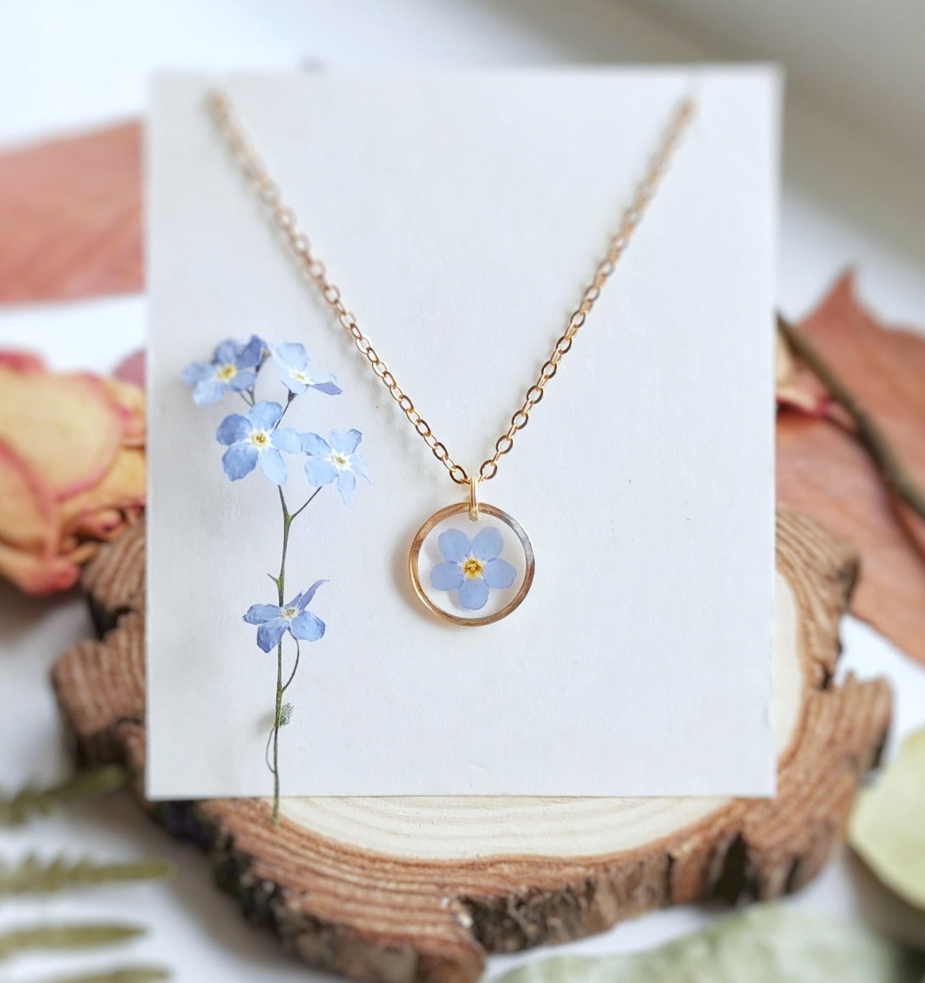 forget me not flower resin necklace